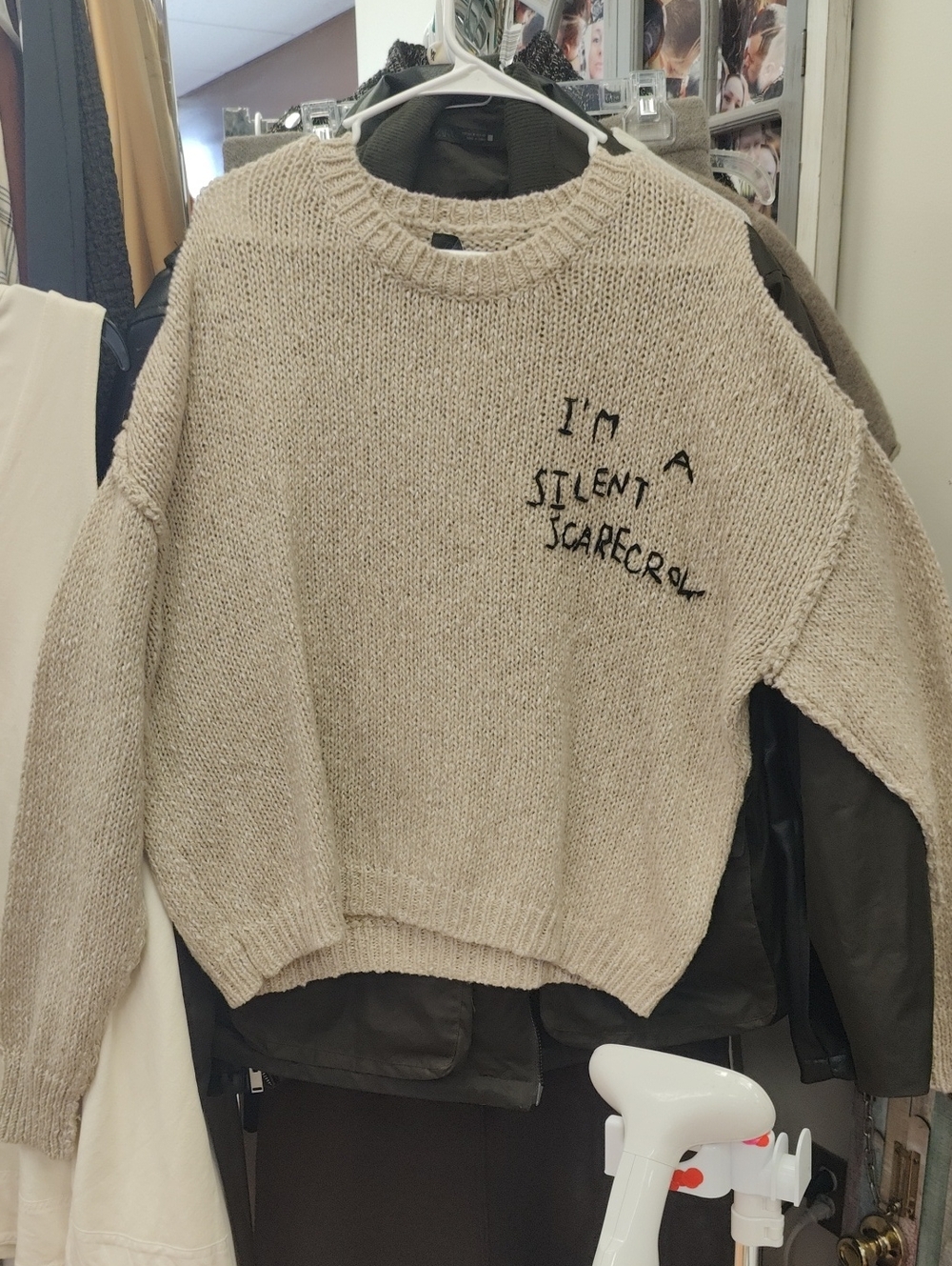 Zara Beige Crewneck Sweater with Black Embroidered Slogan